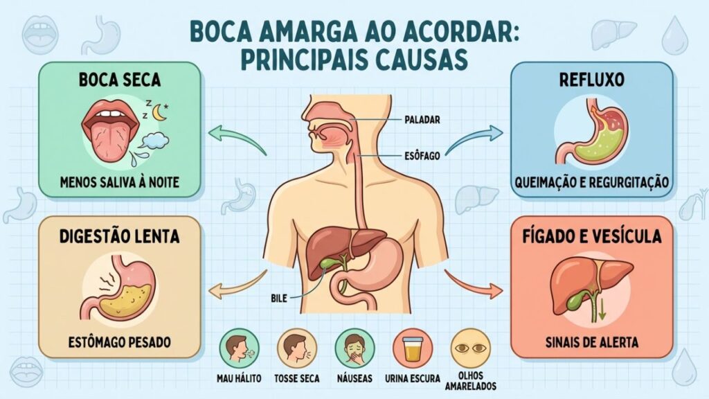 Boca seca, refluxo, digestão e fígado orientam a investigação.
