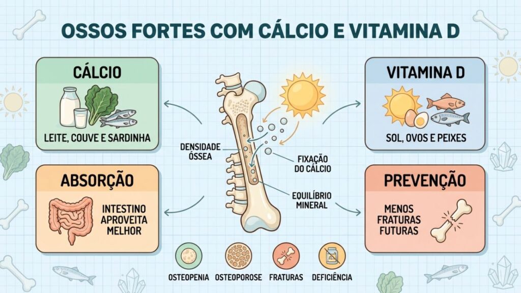 Quatro cuidados unem alimentação, sol seguro, absorção e prevenção óssea.