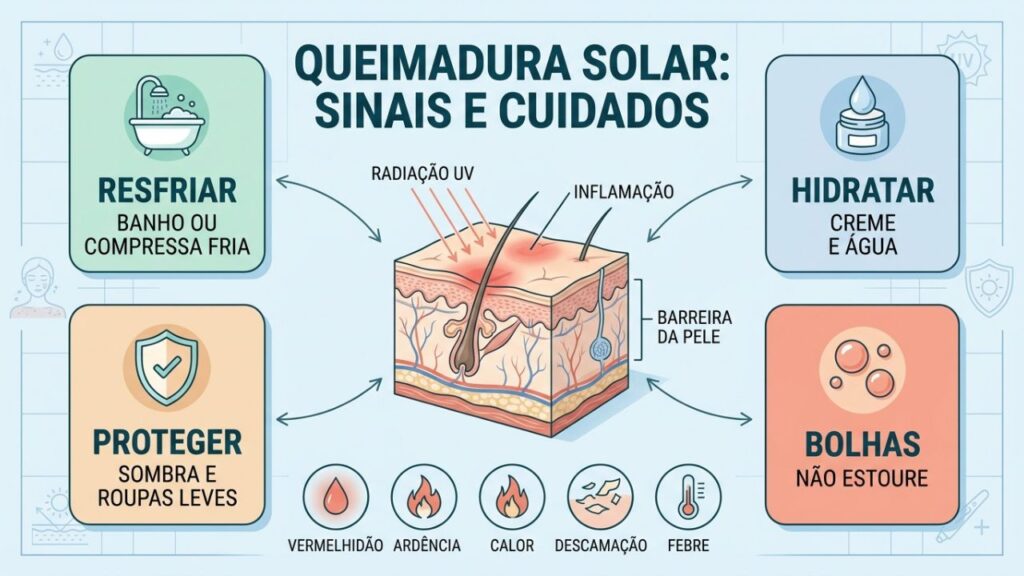 Resfriar, hidratar, proteger e observar bolhas orientam o cuidado inicial.