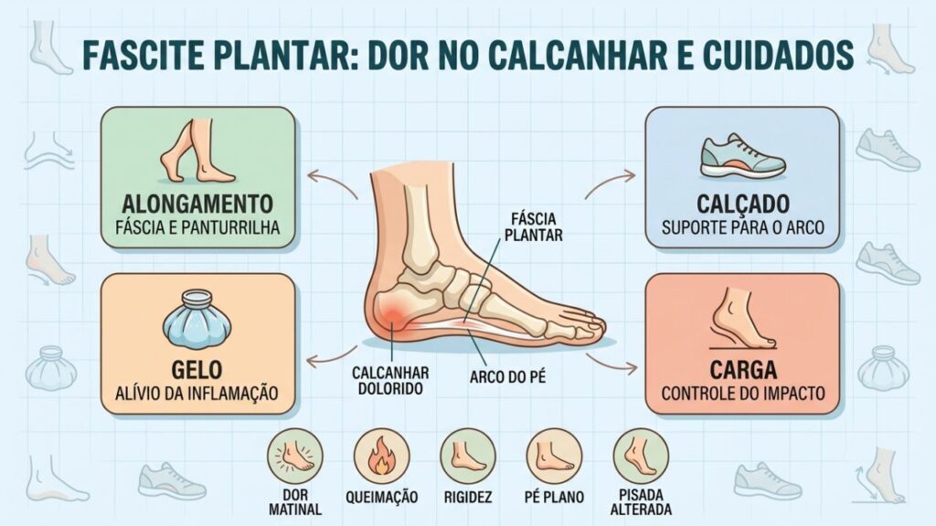 Alongamento, calçado adequado, gelo e controle de carga aliviam a fascite plantar.