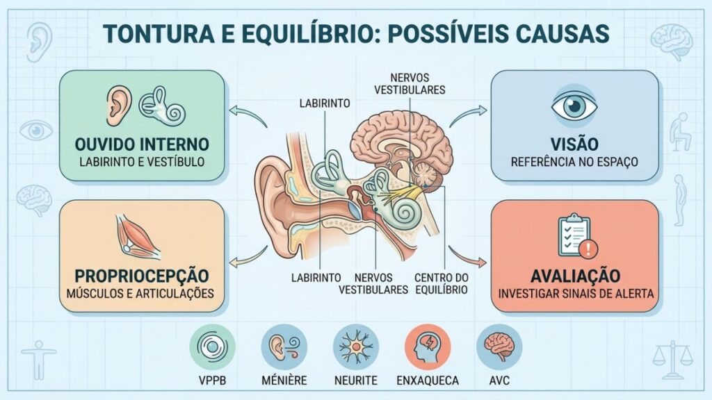 Ouvido, visão, propriocepção e avaliação orientam causas do desequilíbrio.