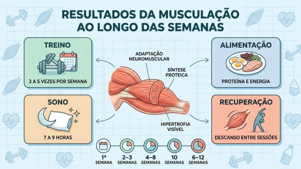 Quatro pilares da hipertrofia: treino, proteína, sono e recuperação planejada.