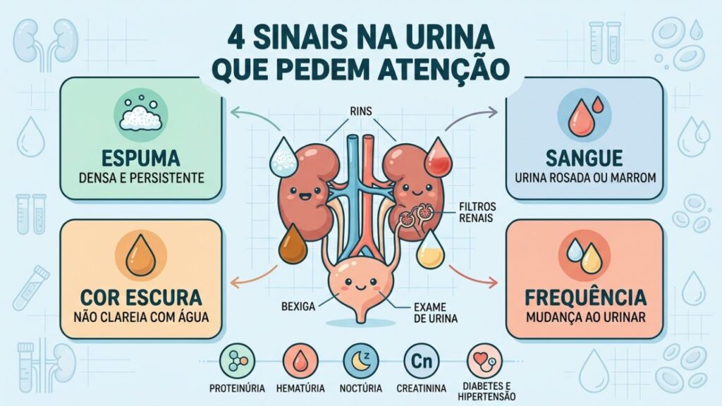 Espuma, sangue, cor escura e frequência orientam a investigação renal.