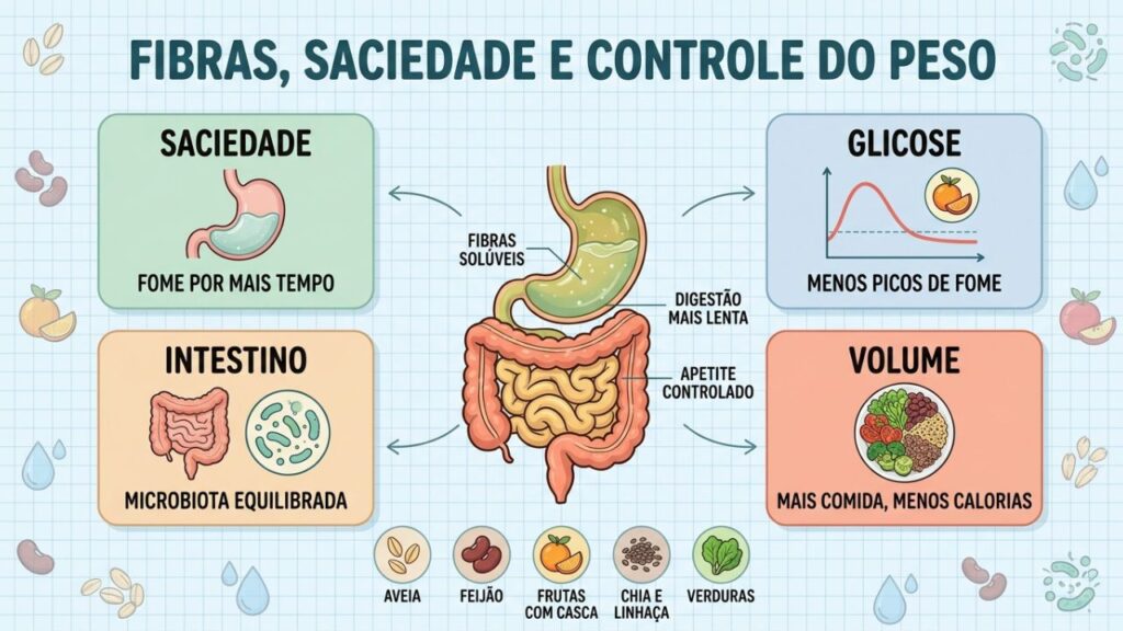 Quatro efeitos das fibras no apetite, intestino e controle do peso.