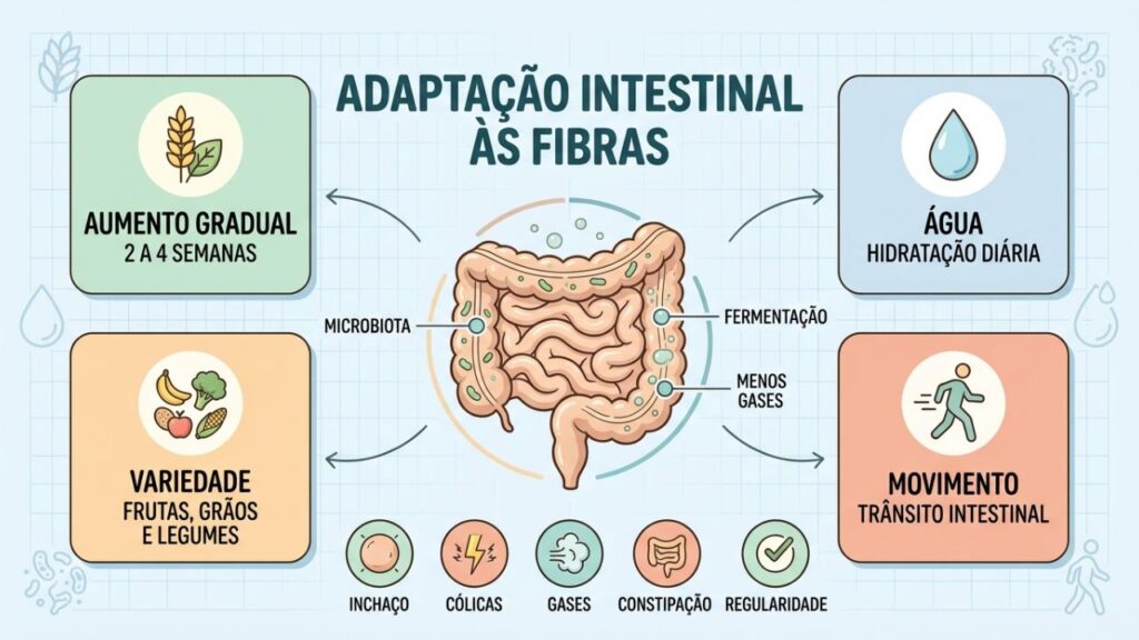 Hidratação, variedade e movimento reduzem gases durante a adaptação intestinal.