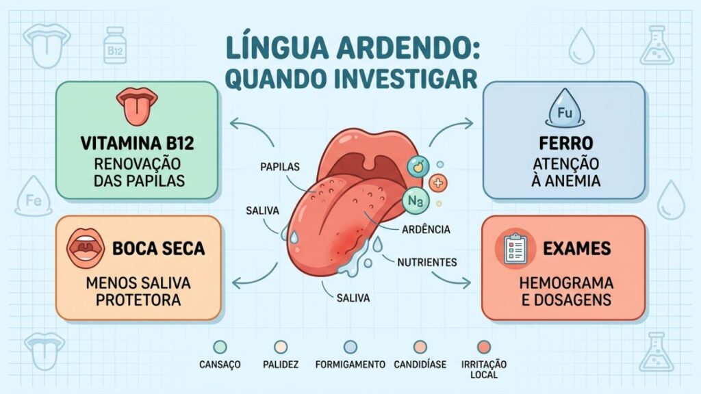 B12, ferro, saliva e exames orientam a investigação da ardência.