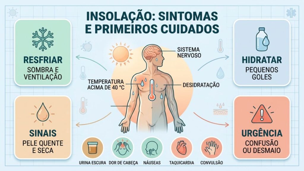 Sintomas, resfriamento, hidratação e urgência orientam o cuidado na insolação.