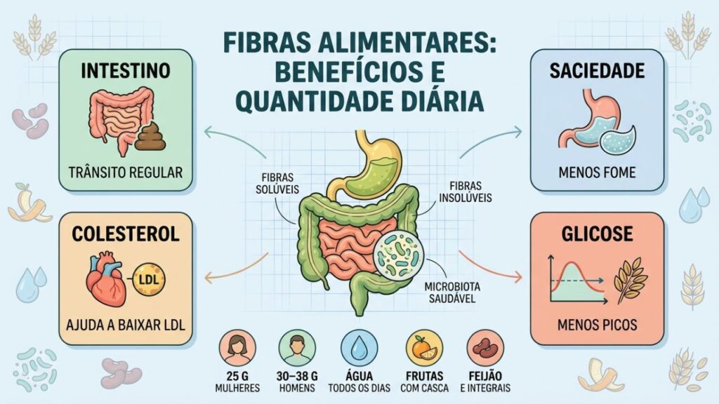 Benefícios das fibras dependem de variedade, quantidade diária e hidratação.