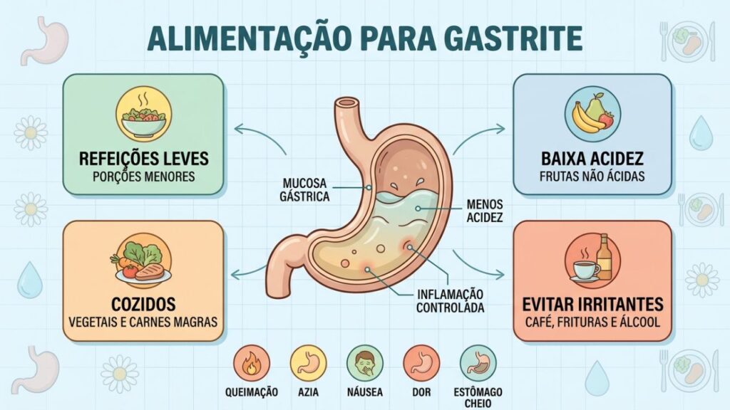 Porções menores, baixa acidez e cozidos protegem a mucosa gástrica.