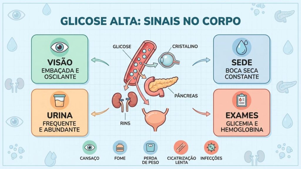 Glicose elevada afeta visão, sede, urina e energia diária.