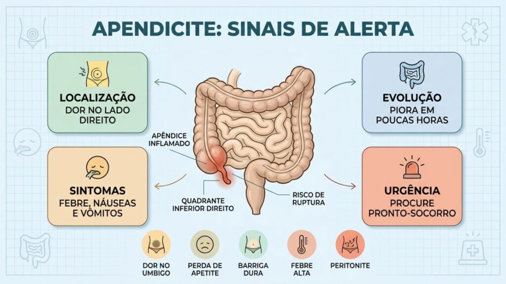 Localização, evolução e sinais de alerta ajudam a suspeitar de apendicite.