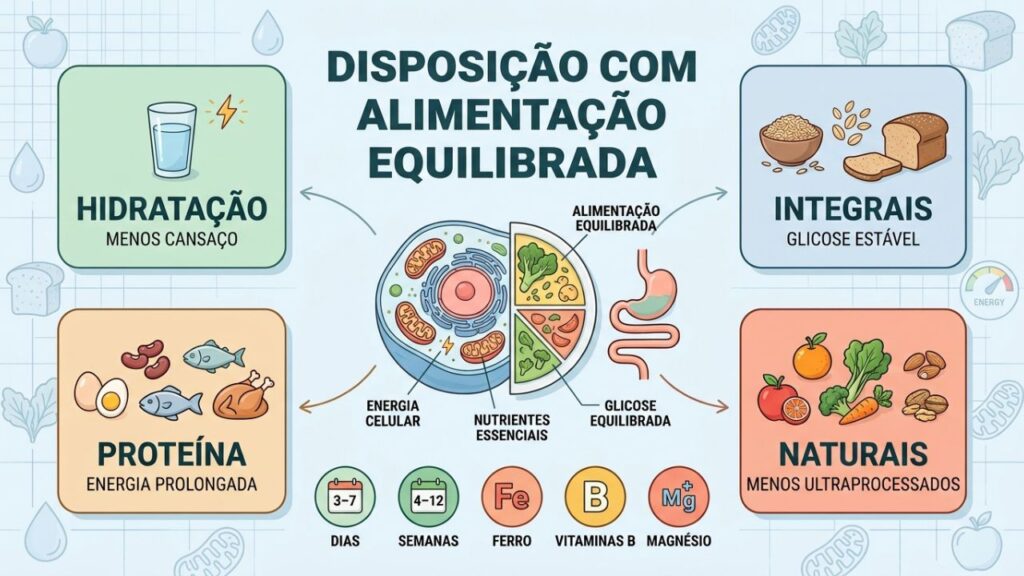 Hidratação, integrais, proteína e alimentos naturais sustentam energia diária.