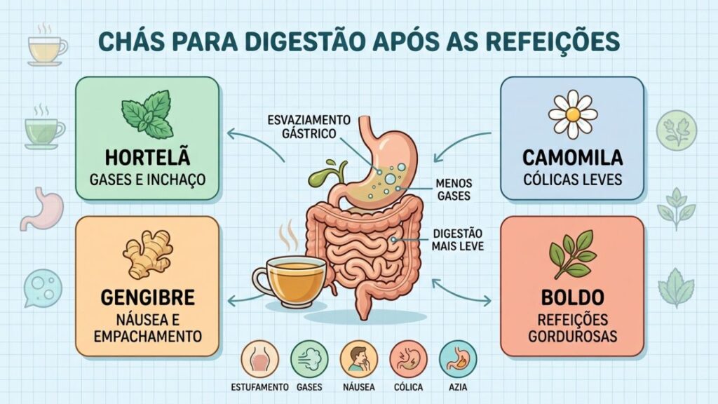 Hortelã, camomila, gengibre e boldo atuam em desconfortos digestivos diferentes.