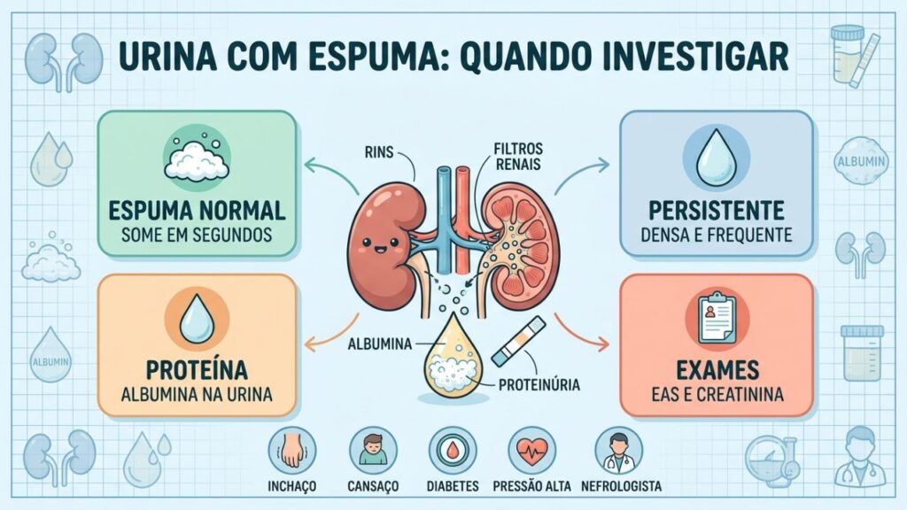 Espuma persistente, albumina, inchaço e exames orientam a investigação renal.