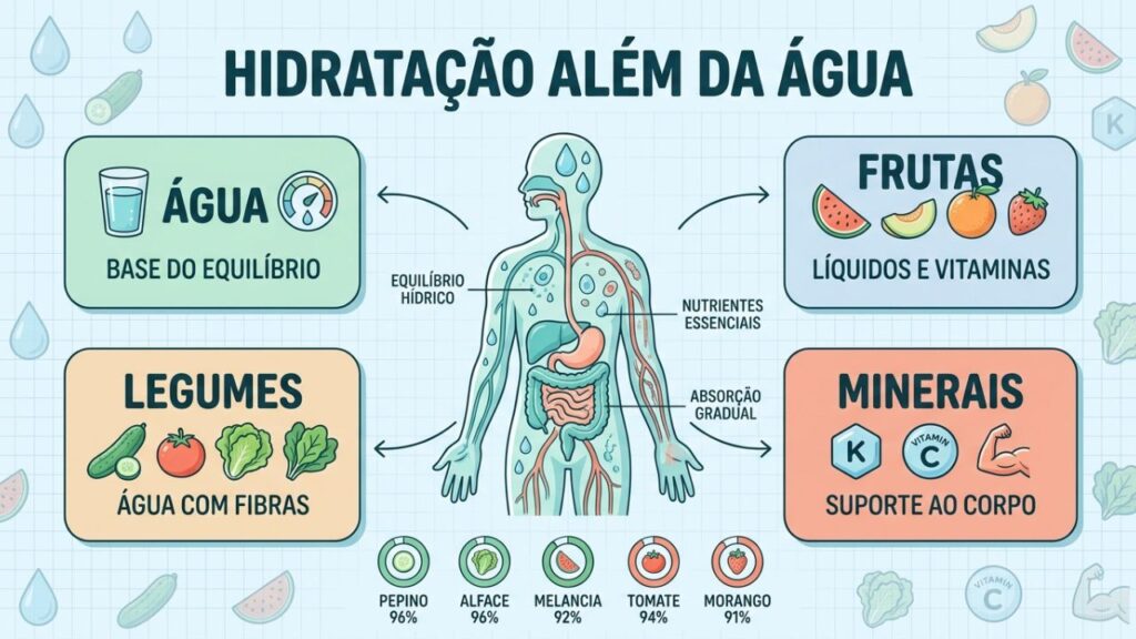 Água, frutas, legumes e minerais sustentam o equilíbrio hídrico.