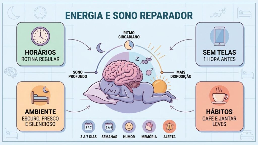 Rotina regular, menos telas e ambiente adequado favorecem sono reparador.
