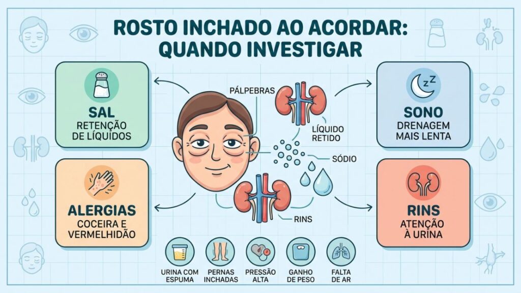 Sal, sono, alergias e sinais urinários orientam a investigação do inchaço.