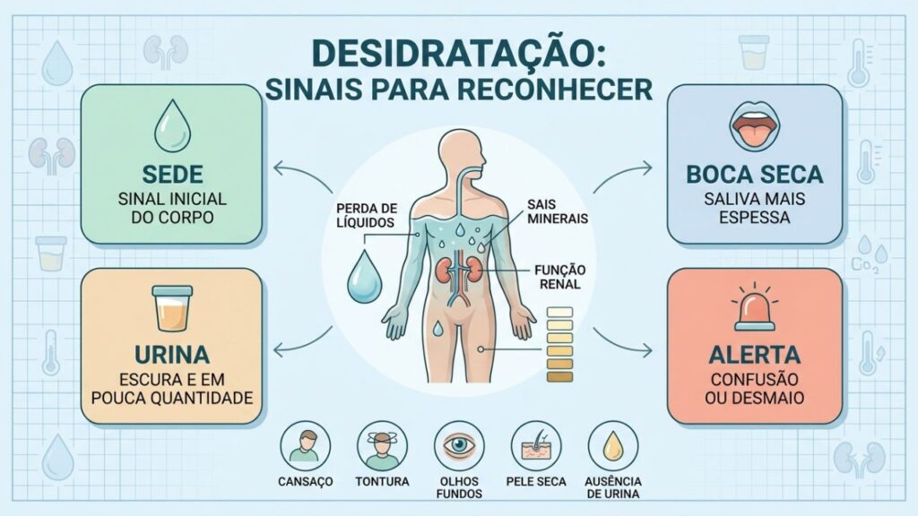 Sede, boca seca, urina escura e confusão orientam o alerta.