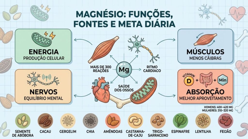 Fontes, funções e metas diárias do magnésio na alimentação.