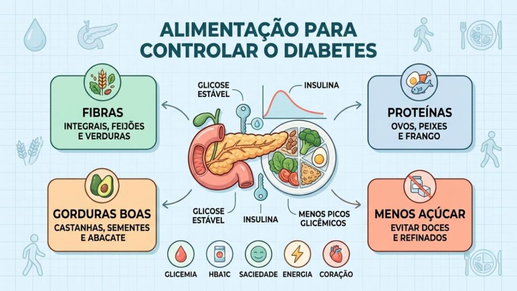 Fibras, proteínas e menos açúcar reduzem picos glicêmicos no diabetes.