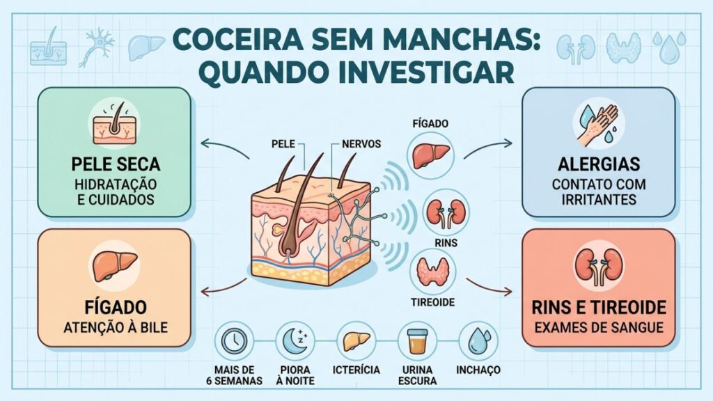 Pele seca, alergias, fígado, rins e tireoide orientam a investigação.