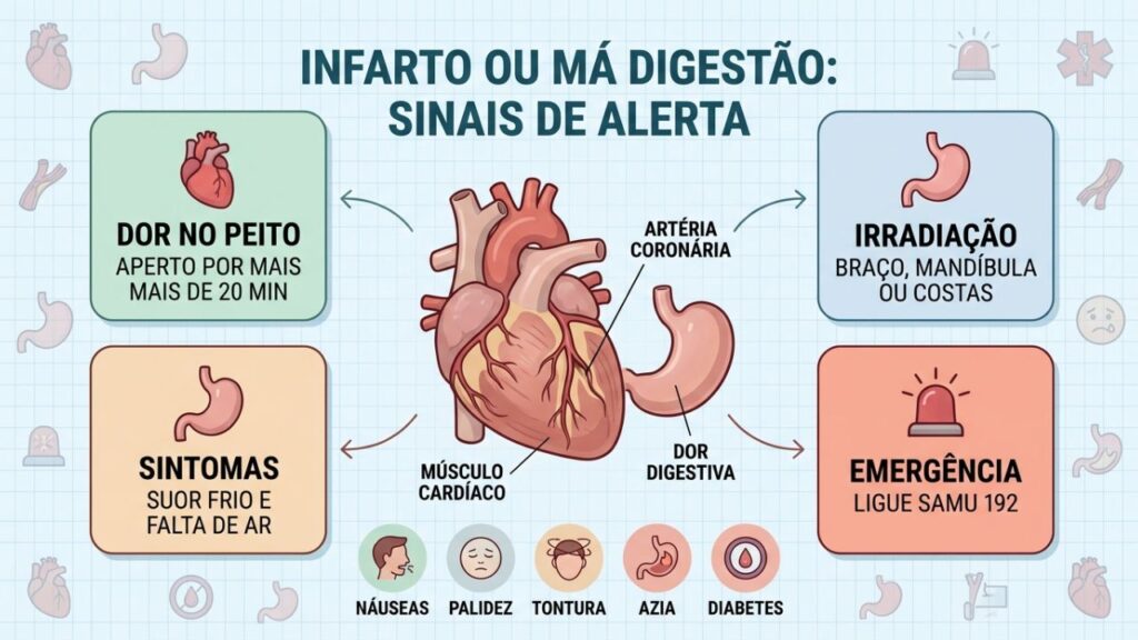 Irradiação, falta de ar e duração ajudam a diferenciar infarto.