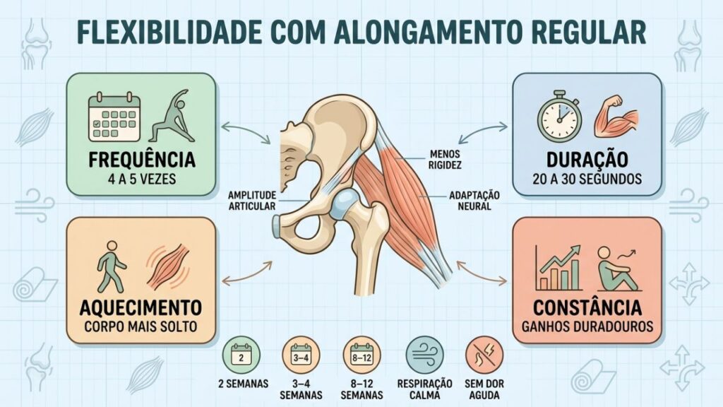 Frequência, duração, aquecimento e constância sustentam ganhos de flexibilidade.