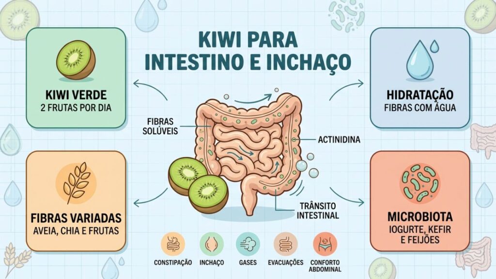 Fibras, água, probióticos e kiwi fortalecem a rotina intestinal.