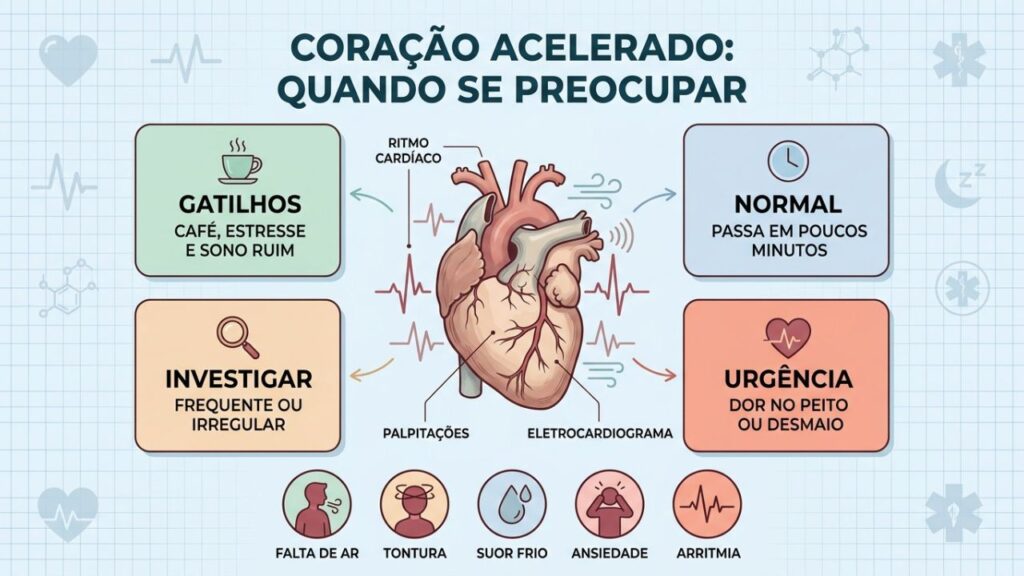 Gatilhos, duração, ritmo e sintomas associados orientam a investigação cardíaca.