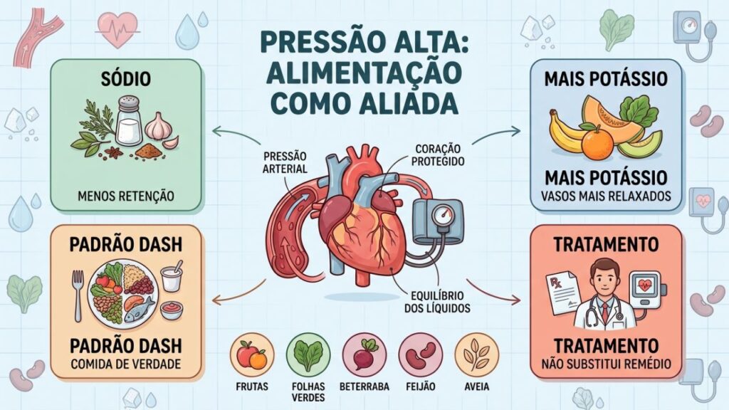 Menos sódio, mais potássio, dieta DASH e tratamento orientado.