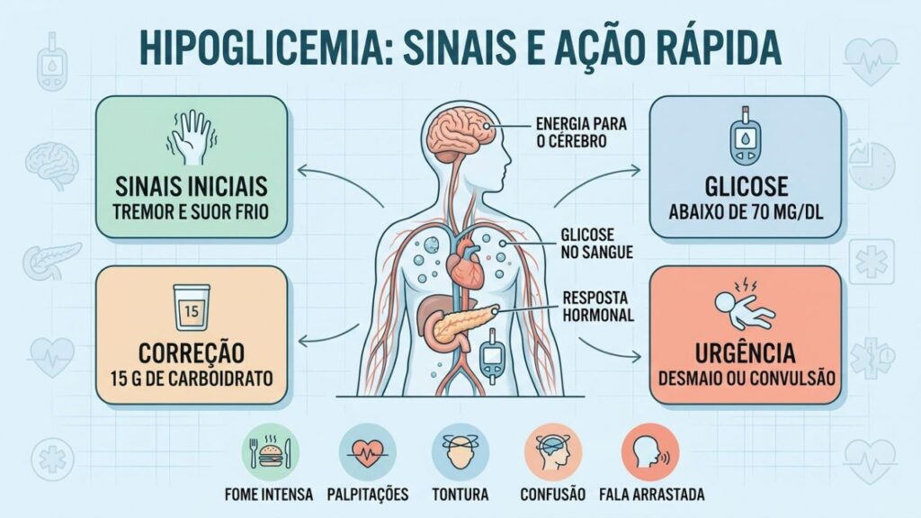 Sintomas iniciais, glicose baixa e carboidrato rápido orientam a ação.