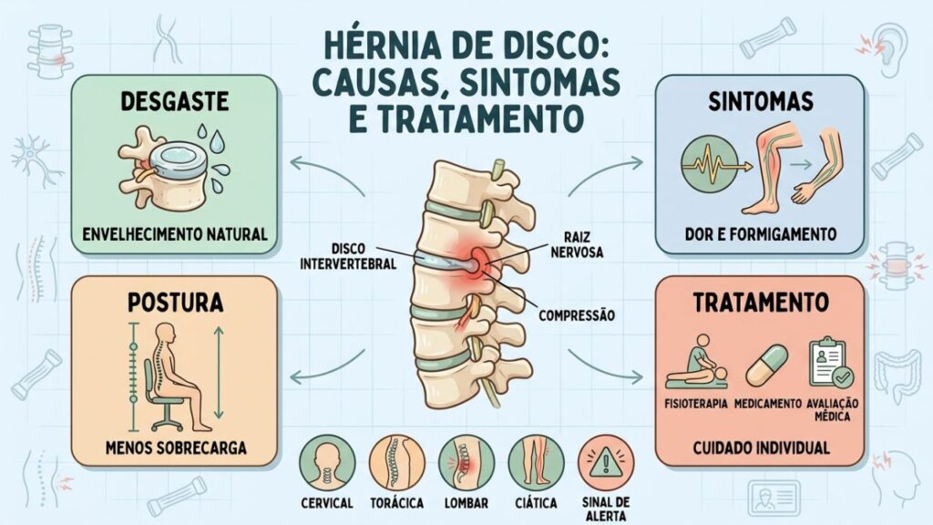 Causas, sintomas, postura e tratamento orientam o cuidado da hérnia.