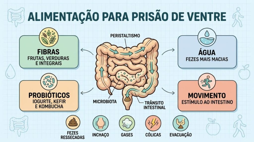 Fibras, probióticos, hidratação e movimento estimulam o trânsito intestinal.