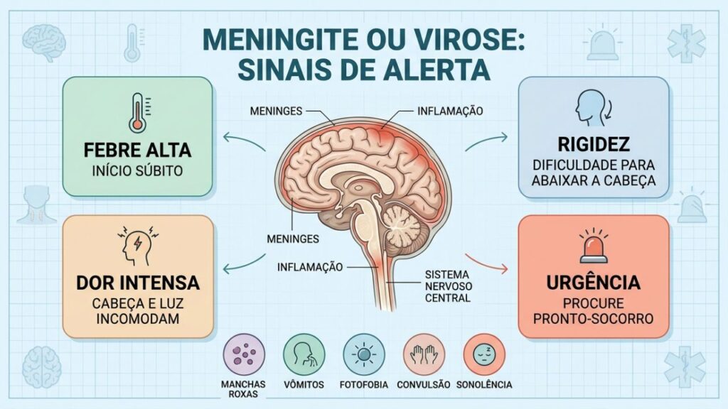 Rigidez, fotofobia, manchas e alteração mental ajudam a suspeitar de meningite.