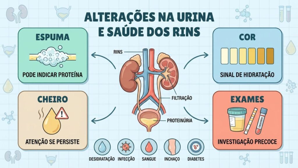 Espuma, cor, cheiro e exames ajudam a investigar alterações urinárias.