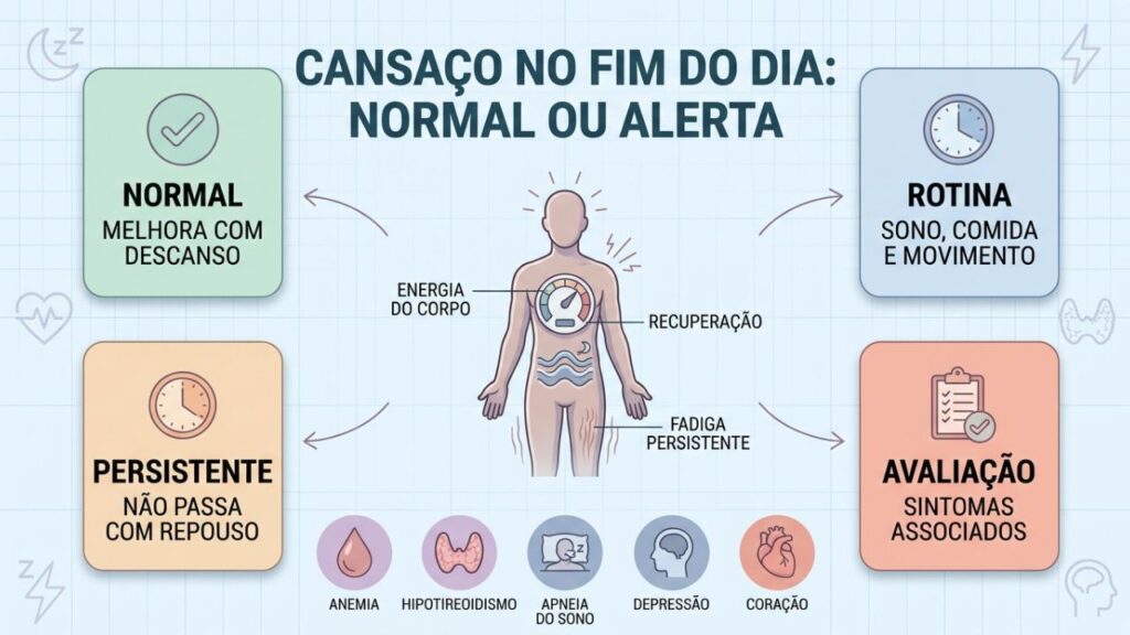 Descanso, rotina e sinais persistentes ajudam a diferenciar fadiga comum.