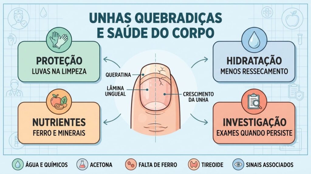 Proteção, hidratação e exames ajudam a entender unhas frágeis recorrentes.