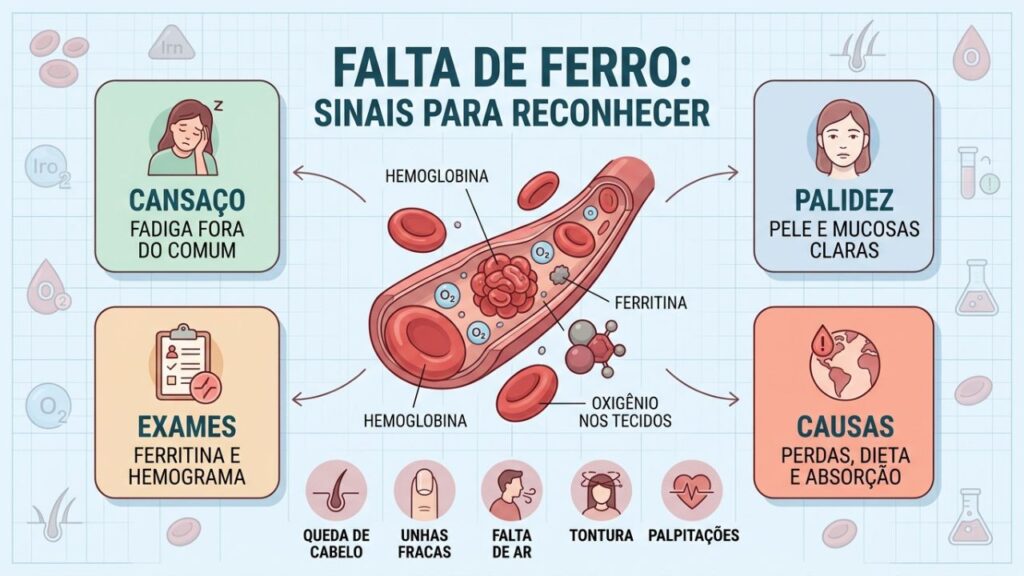 Ferritina, hemoglobina e sintomas ajudam a reconhecer deficiência de ferro.