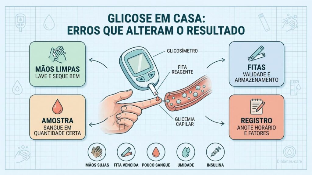 Mãos limpas, fitas válidas e amostra adequada garantem resultados confiáveis.