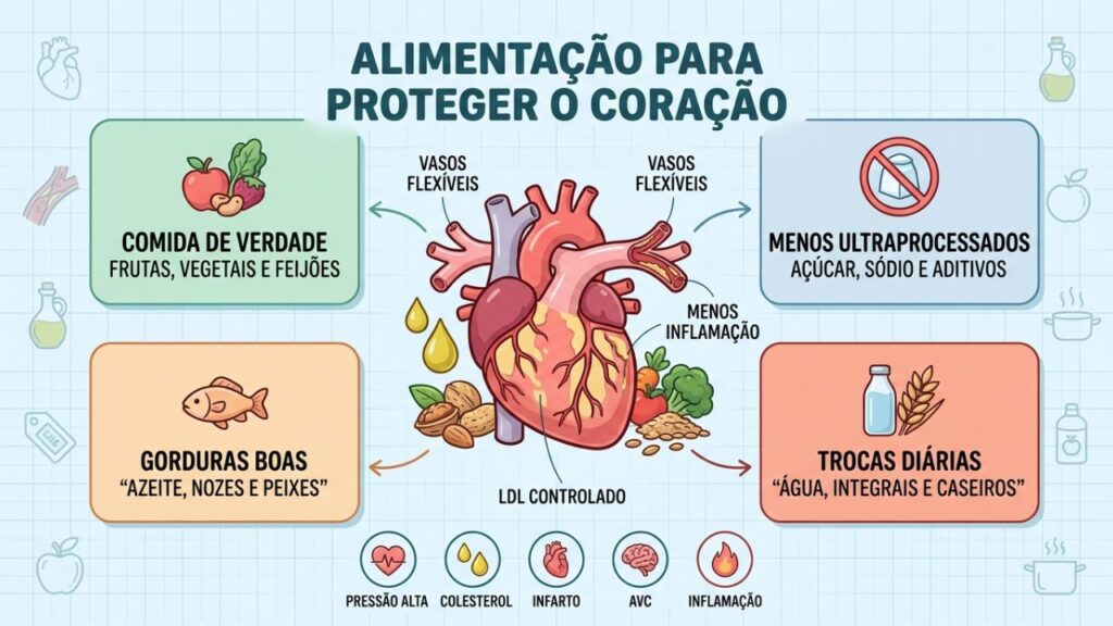 Menos ultraprocessados e mais alimentos naturais favorecem vasos e colesterol.