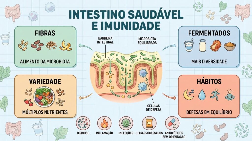 Fibras, fermentados, variedade e bons hábitos apoiam a microbiota.