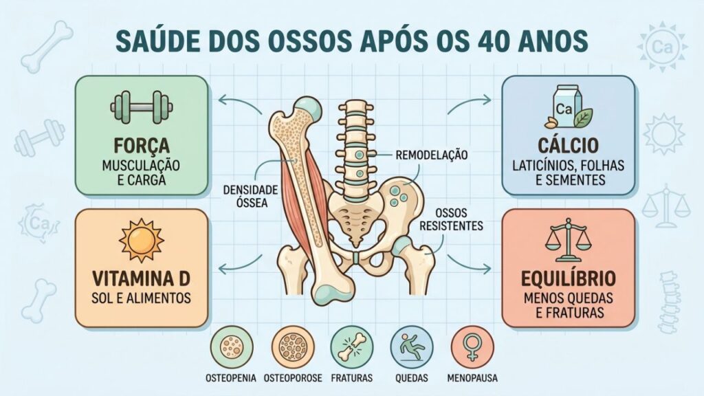 Força, cálcio, vitamina D e equilíbrio preservam a densidade óssea.