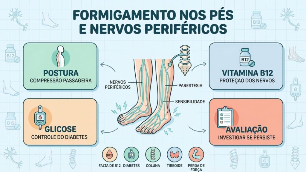 B12, glicose, postura e exames ajudam a investigar o formigamento.