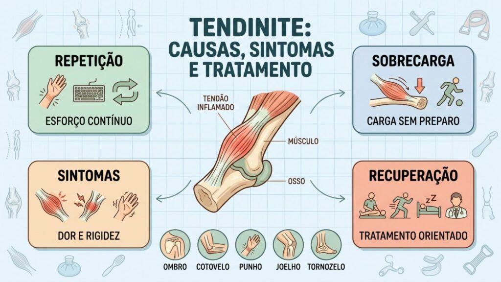 Repetição, sobrecarga, sintomas e recuperação orientam o cuidado da tendinite.