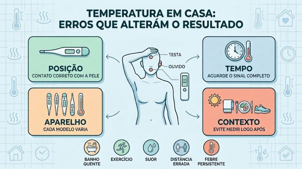 Posição, tempo, aparelho e contexto influenciam a leitura da febre.