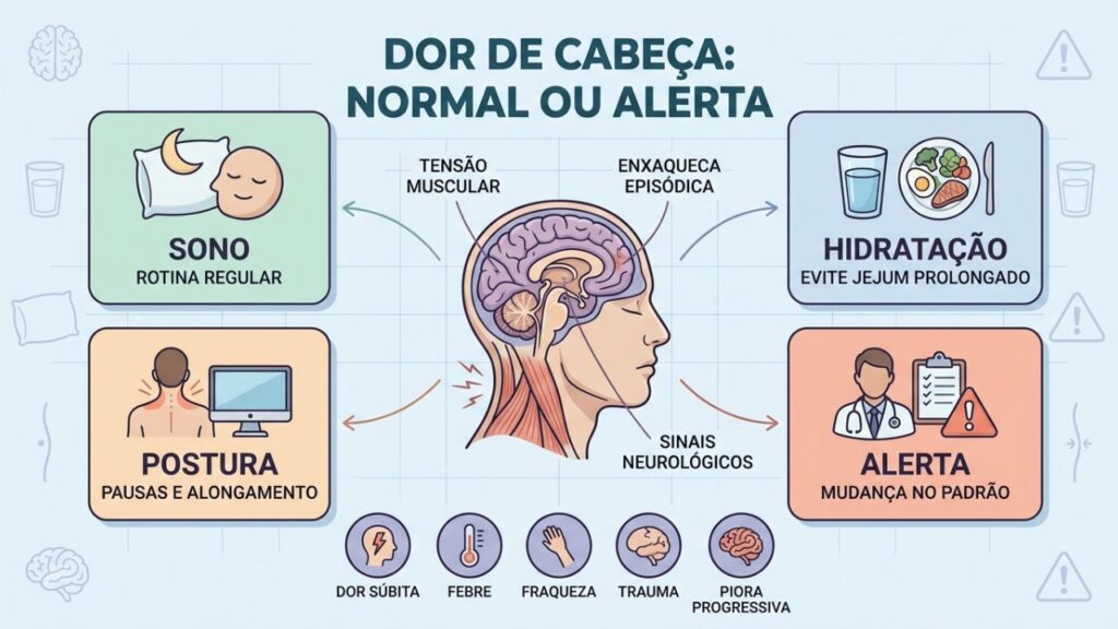 Sono, hidratação, postura e sinais de alerta orientam o cuidado.