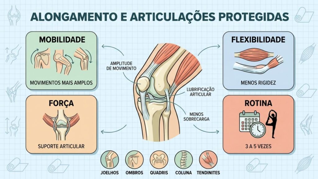 Mobilidade, flexibilidade, força e rotina ajudam a prevenir sobrecargas articulares.