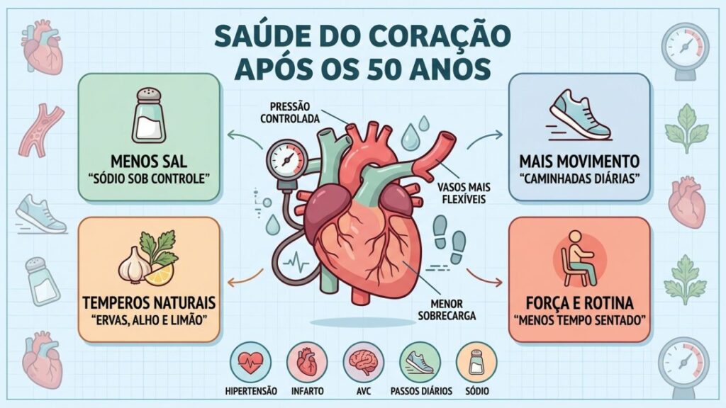 Sódio controlado, movimento diário e temperos naturais favorecem a pressão arterial.