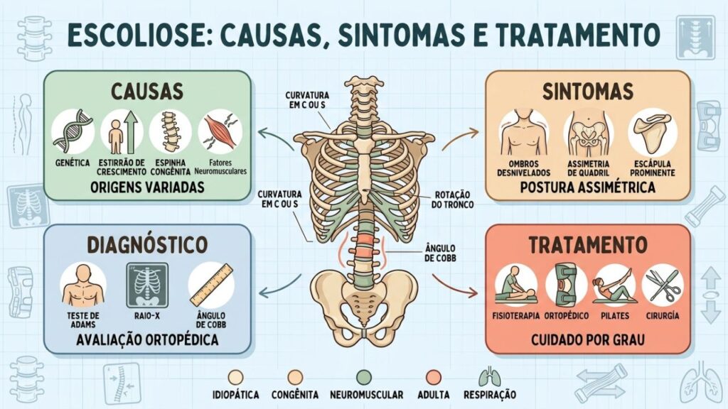 Sinais, diagnóstico, colete e fisioterapia orientam o cuidado da escoliose.