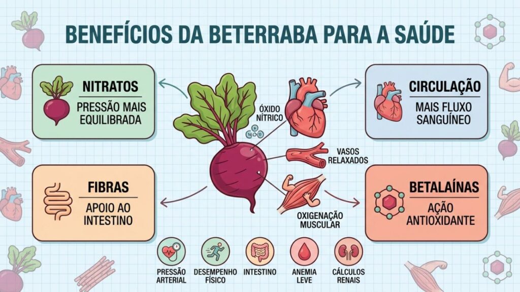 Nitratos, fibras e betalaínas explicam os principais benefícios da beterraba.